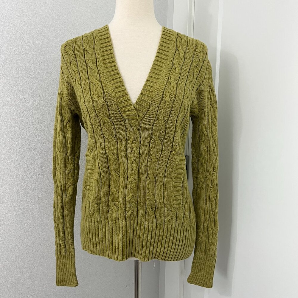 Banana Republic Small Green Cable Knit V-Neck Hooded Sweater w/Kangaroo Pocket